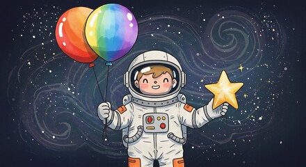 A whimsical cartoon astronaut floats in a starry cosmic space, holding vibrant rainbow balloons and a golden star, perfect for children's dreams and imagination.