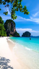 Idyllic beach scene, clear water, limestone cliffs