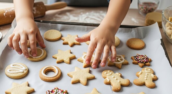 Child decorating delicious homemade Christmas cookies with white icing and colorful sprinkles for holiday fun