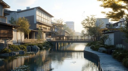 Obraz premium Serene Japanese Canal Town at Dawn