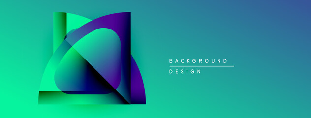 Abstract geometric layers create vibrant gradient effect. Turquoise, blue, purple hues blend seamlessly. Modern design element.