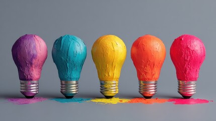 Five light bulbs with different colors and textures.