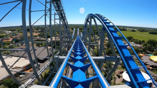 First-person view from the top of a roller coaster track, looking down the steep descent.