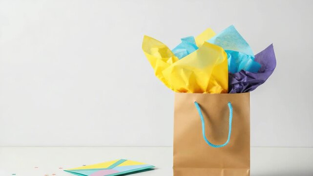 Gift bag with colorful tissue paper and confetti scattered on white surface