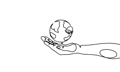 continuous line drawing of hand holding earth