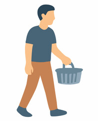 Faceless male character in a flat vector style walking with a shopping basket, isolated for grocery or retail store concepts