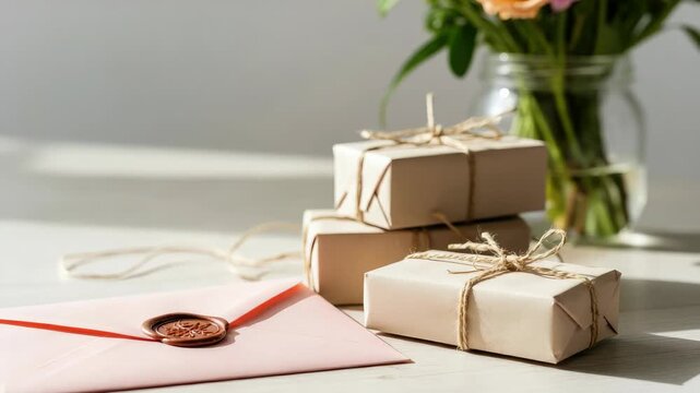 Three wrapped gifts and sealed envelope on table