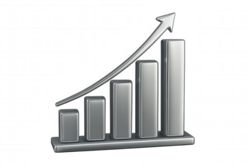 3d silver bar chart with upward trending arrow indicating increasing profits, on transparent background