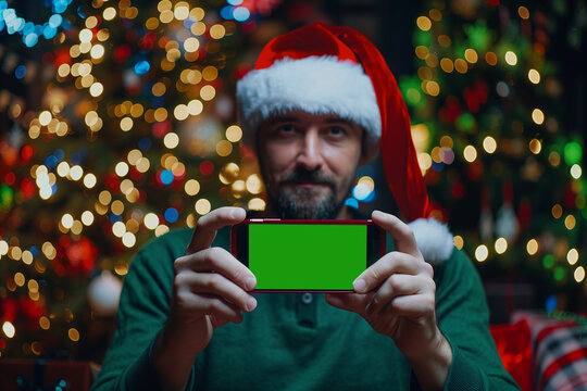  Portrait of a christmas man in santa hat holding smartphone with green screen - Powered by Adobe