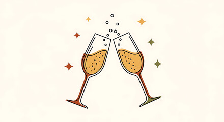 Two champagne flutes clinking together, celebrating with bubbles and celebratory design.