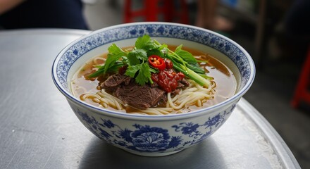 Delicious Beef Noodle Soup in Blue and White Bowl, Garnished with Herbs and Chili
