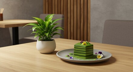 Elegant Matcha Layer Cake with Pansies and Potted Plant Still Life