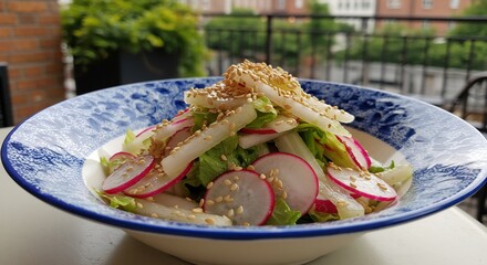 Fresh Radish and Daikon Salad with Sesame Seeds in Blue Patterned Bowl