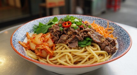Korean Beef Noodle Bowl with Kimchi, Carrots, and Scallions in Patterned Bowl