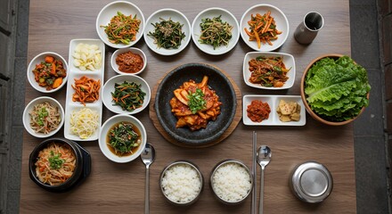 Korean Banchan Feast: Kimchi, Vegetables, Rice, and Lettuce on Wooden Table