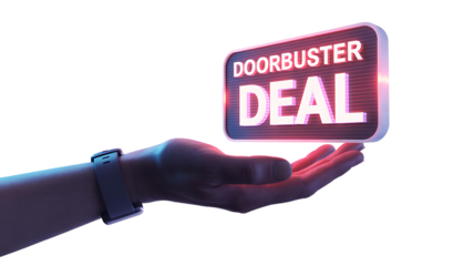 Hand holding a glowing Doorbuster Deal sign on transparent background, black friday