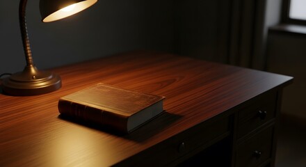 Desk lamp illuminating a book on a wooden desk.