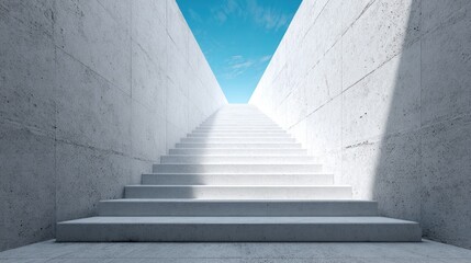 A white staircase leading upwards with a blue sky visible through a triangular opening in the wall.