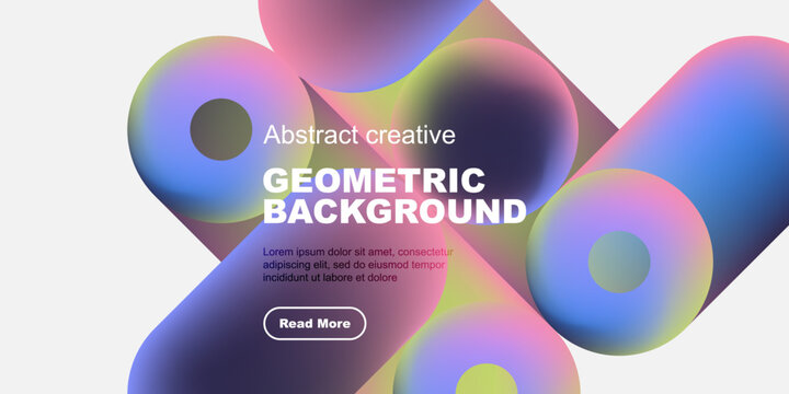 Vibrant abstract shapes overlap white, black space. Text promotes geometric background, includes call to action.