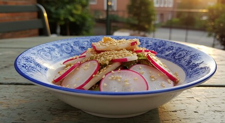 Radish Sesame Salad in Blue Patterned Bowl, Outdoor Setting, Golden Hour