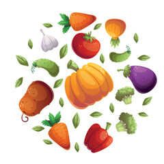 A vibrant and visually appealing circular arrangement of fresh vegetables and herbs, ideal for culinary designs