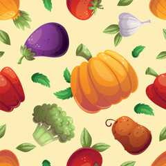A vibrant pattern featuring assorted vegetables and fruits, ideal for healthy living and fresh produce themes.