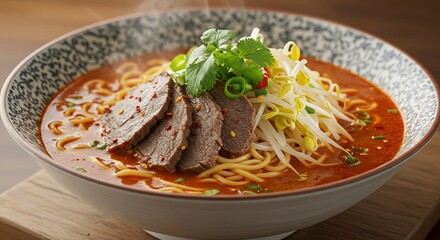 Steaming Bowl of Spicy Beef Ramen with Bean Sprouts and Cilantro