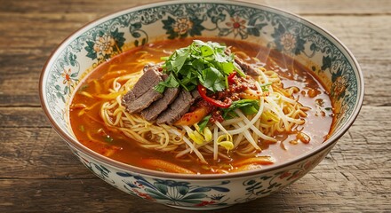 Steaming Bowl of Asian Noodle Soup with Beef and Fresh Herbs on Rustic Wood