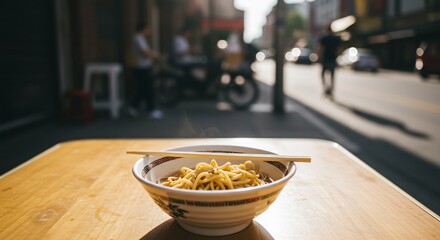 Steaming Noodles with Chopsticks on Table, Urban Backdrop