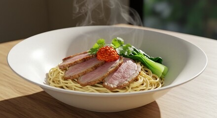 Steaming Duck Noodle Bowl with Bok Choy and Chili Paste, Culinary Delight