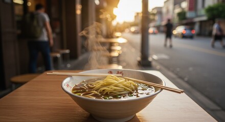 Steaming Ramen Bowl at Sunset, Urban Street Scene, Golden Hour
