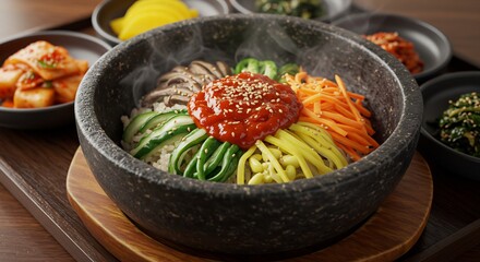 Steaming Stone Bowl Bibimbap: Vibrant Korean Cuisine with Gochujang Sauce