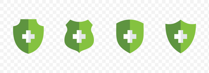 Medical shield, health protection icon set with shadow. Healthy badge sign symbol