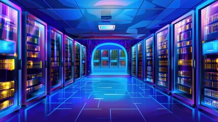 Futuristic Data Center with Neon Lights and Server Racks in Blue and Purple Tones