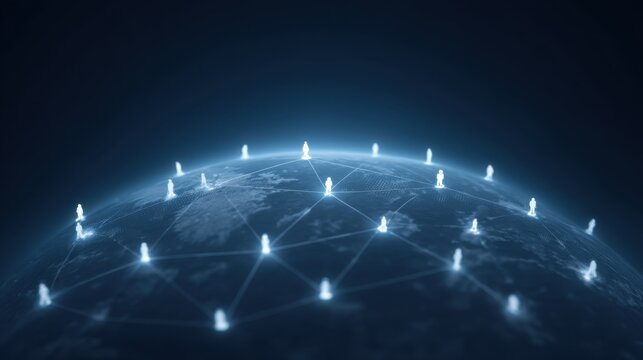 Conceptual representation of global connectivity through digital network nodes illustrating collaborative interaction among diverse user avatars on the planet. - Powered by Adobe