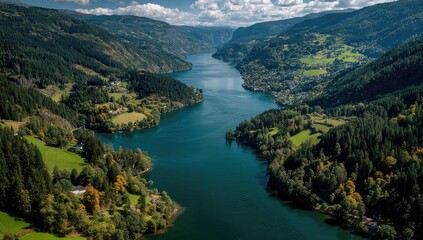 Aerial view of a valley, lake, and mountains