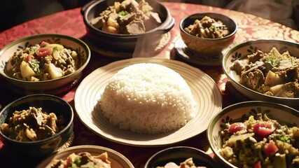 delicious indian food spread with rice and various curries on table