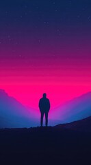 Silhouette of a person stands on a hilltop against a vivid pink and purple sky dotted with stars, with blurry, layered mountains below