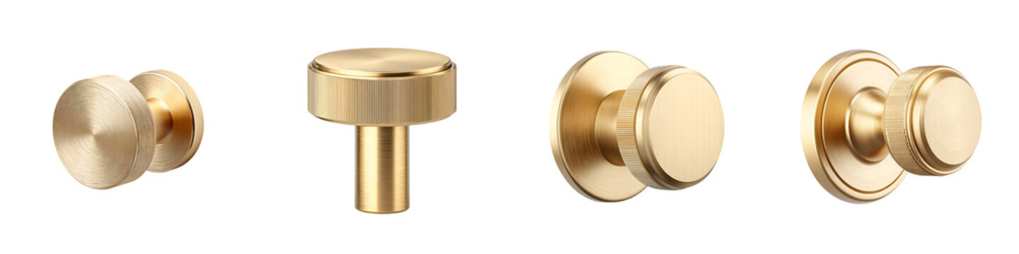 Four Stylish Gold Metal Knobs and Pulls Isolated on White.