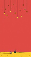 Illustration of stars hanging over a figure and a tree on a yellow ground against a red background