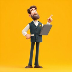 A well-dressed animated character stands confidently while holding a digital tablet.