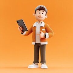 A young man dressed in a cozy orange jacket and grey pants holds a smartphone while smiling. He stands confidently against a vibrant orange backdrop, embodying a cheerful and modern vibe.