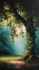 Lush, green tree with vines cascading down, a path leading through a serene, misty forest. Soft light filters through the leaves