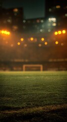 Atmospheric blurry view of a soccer field at night, with glowing lights and a distant stadium. Soft focus emphasizes the field's texture