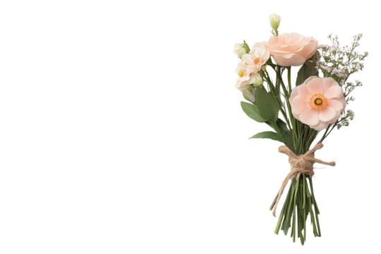 A beautiful bouquet of pastel flowers wrapped with twine against a white background.