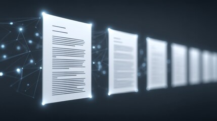 Abstract digital representation of connected documents in a network environment showcasing data flow and information exchange in modern technology