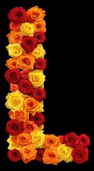 Letter 'L' formed by gradient-colored roses against a stark black backdrop; blooms transition from red to orange to yellow creating unique floral composition