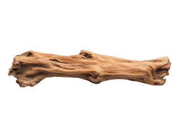 A beautifully weathered piece of driftwood, showcasing natural textures and shades on a white isolated background.