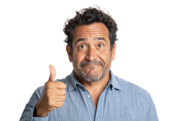 A cheerful man giving a thumbs up gesture, expressing positivity and approval.