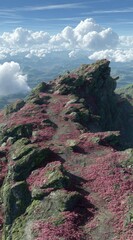 Rocky mountain peak cloaked in pink flowers under a partially cloudy blue sky, showcasing natural beauty and panoramic vista